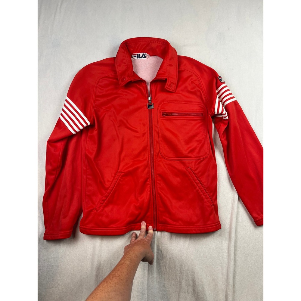 Vintage Fila Red Track Jacket White Striped Sleeves Full Zip Women USA 32